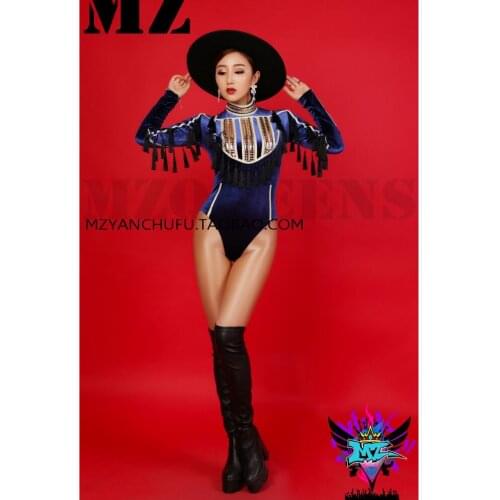 S-4xl Latest Female Dj Bright Blue Velvet Gold Sequin Jumpsuits Singer Stage Costumes Women Clothing Bodysuits