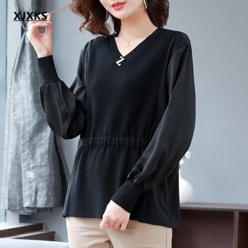 XJXKS Fashion V-neck Ladies Sweater 2021 Spring Autumn New High Quality Wool Knitted Stitching Sweater Women Pullover