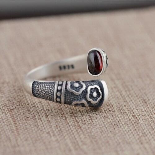 Thai Silver colour Rings 925 Sterling Silver colour Ring For Women Inlaid Garnet Natural Gemstone Flower Engraved Grenat Jewelry