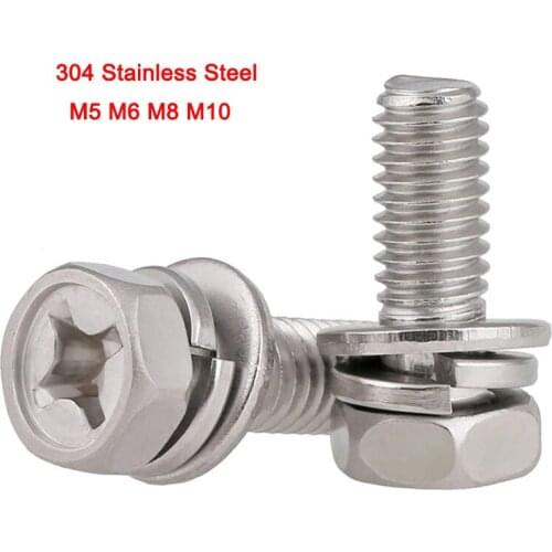 2/5/10Pcs 304 Stainless Steel Cross External Hex Three Combination Screw Six Angle Combined Bolt M5 M6 M8 M10