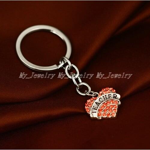 36PC Teacher Heart Pendant Keychain Pink Crystal Rhinestone Charm Keyring Women Girl Teachers Jewelry Thanksgiving Gift Key Ring