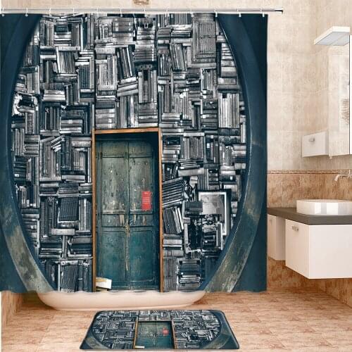 3D Bookshelf Around Blue Door Shower Curtains Set Bath Mats Rugs Carpet Entrance Door Mat Bathroom Curtain Bathroom Products