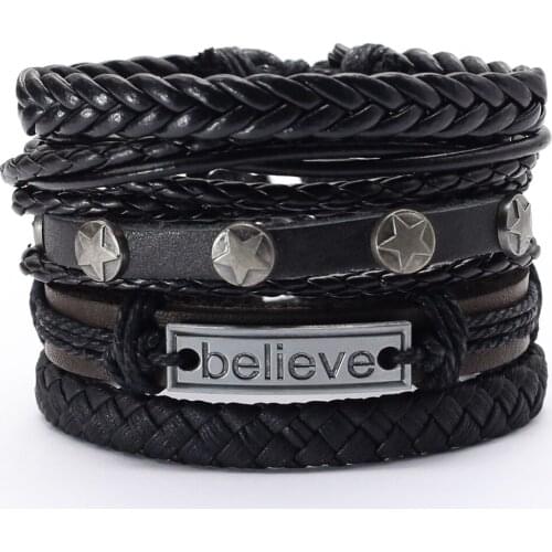 Believe Feather Leaf Men Bracelets 5pcs/set Wristband Fashion Rope Wrap Cuff Bangle Leather Bracelets Women Jewelry Accessories