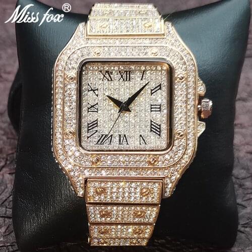 MISSFOX Hip Hop Men Watch Full Diamond Rose Gold Stainless Steel Wristwatch Top Luxury Trendy Iced Out Square AAA Jewelry Clock
