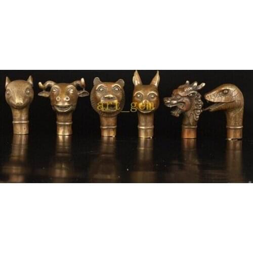 Pure Copper Brass Grandpa Good Asian Old Mice Cattle Tiger Rabbit Dragon Snake Statue Walking Stick Cane Head
