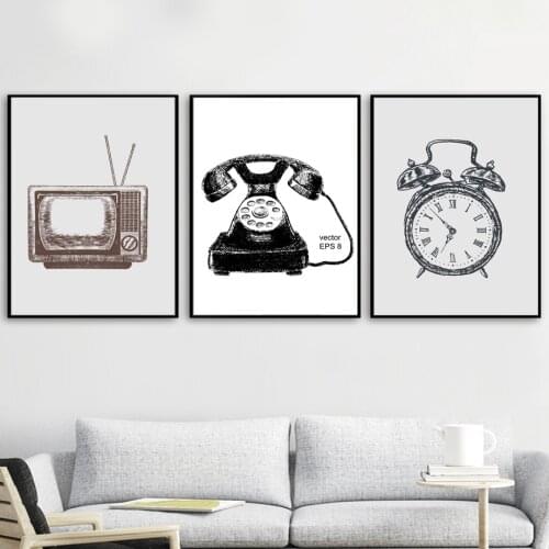 Canvas Painting Nordic Vintage TV Set Clock Minimalist Wall Art Posters And Prints Retro Pictures For Living Room Decoration