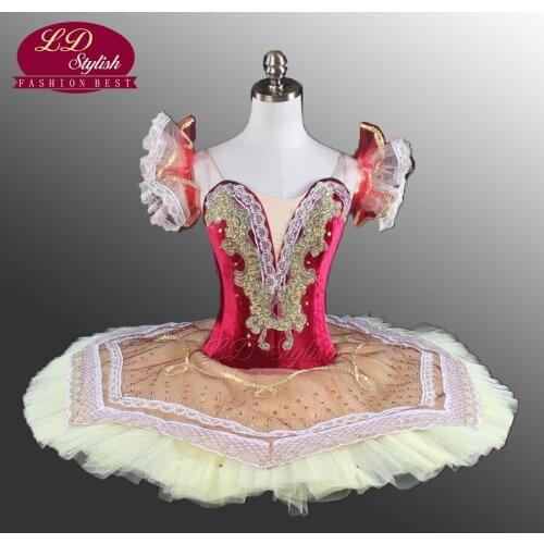 Red Velvet Top Professional Tutu Nude Pink Pancake Tutu Sleeping Beauty Ballet Tutu Ballet Stage Costumes For Girls LD0006