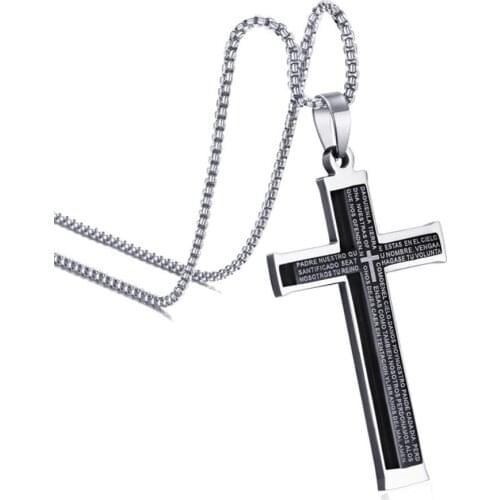 Fashion Men Cross Necklaces Stainless Steel Black Crucifix Bible Prayer Pendant Choker Jewelry