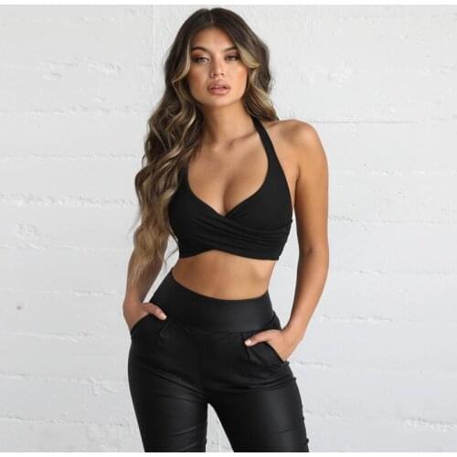 New Black Sexy Halter Cropped Top White Solid Bras Bandage Strap Bustier Top Backless Slim V Neck Short Tops for Women Summer