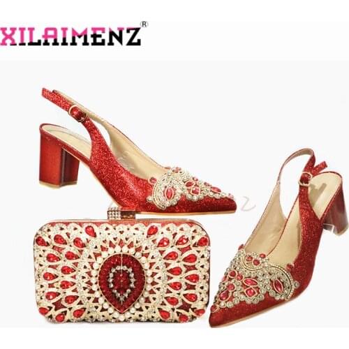 2020 New Arrivals Square Heels Shoes and Bag in Red Color High Quality New Design African Women Shoes Matching Bag for Wedding