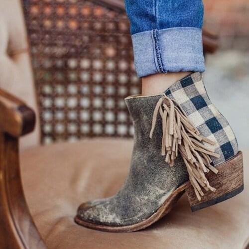 New autumn and winter fringed plaid short boots thick mid-heel round toe side zipper womens boots Patchwork Western Ankle Boots