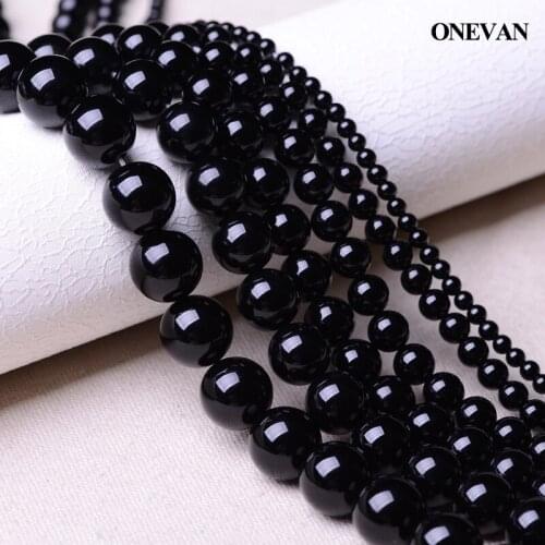 ONEVAN Natural A+ Black Agate Charm Beads 6-12mm Smooth Round Stone Bracelet Necklace Jewelry Making Diy Accessories Gift Design