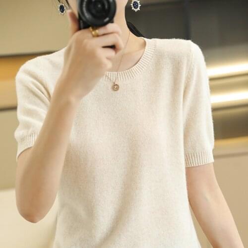 SZDYQH Hot Sale 100% Wool Cashmere Womens Sweaters And Pullovers Autumn Female O-Neck Short SLeeve Soft Jumper Tops Spring