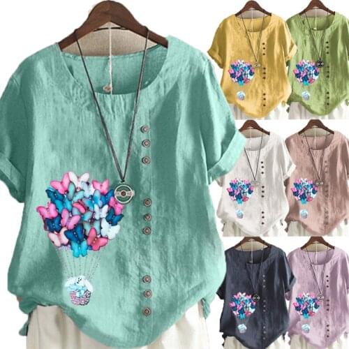 Plus Size Womens Fashion Solid Color T-shirt Balloon Printed Short Sleeve Ladies Summer Casual Round Neck Blouse Pullover Tops