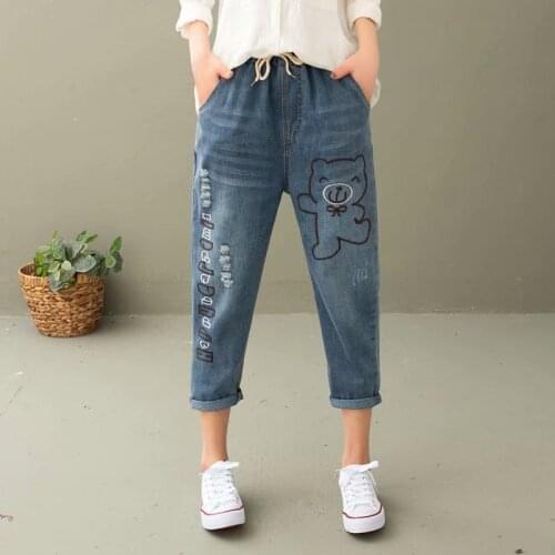 Ropa Mujer Verano Japanese Cartoon Bear Embroidery Jeans Women Cowboy Distressed Elastic Waist Hole Female Jeans U248