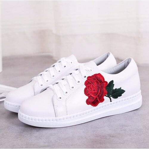 Peony embroidery national British style sports shoes real leather white women flat shoes size 35-40