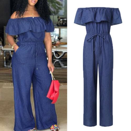 Women Off Shoulder Long Romper Jumpsuit Bodysuit Trousers Overall Wide Leg Trousers 4XL