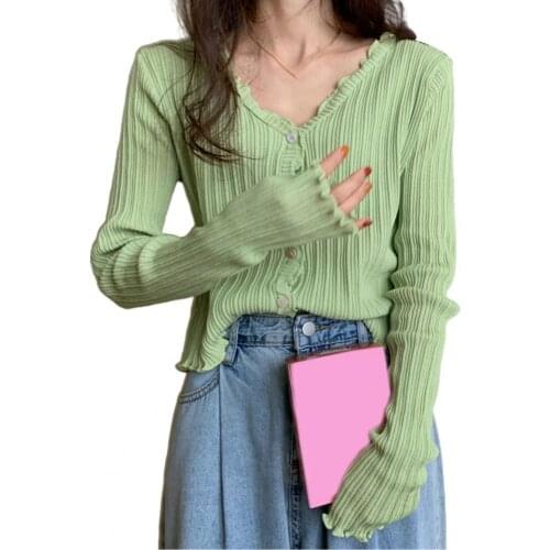 Cardigan Women Leisure elegance Knitting Sun Protection Cardigan V Neck Long Sleeve Slim Blouse Crop Top Womens Clothing 2021