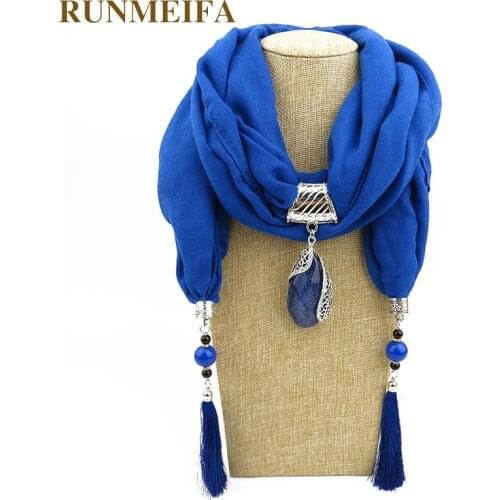 RUNMEIFA Fashion Women Voile Tassels Scarf With Jewelry Pendant Femme Gem Pendant Necklace Neckerchief Scarves Women Noble Scarf