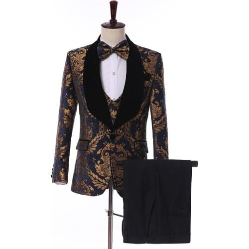 2020 New Black Jacquard Gold Floral Casual Men Suits for Wedding Dinner Party 3 Piece Male Dress Groom Tuxedo Best Man Blazer