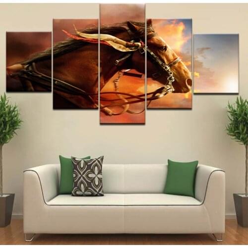 5 Panel/piece HD Print A brown horse sunset sky wall posters Canvas Art Painting For home living room decoration