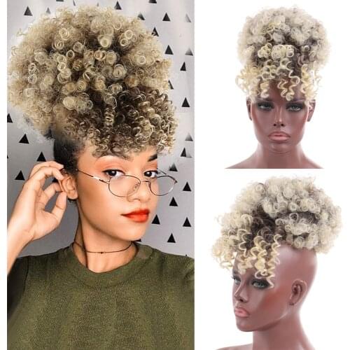 Afro Kinky Curly Chignon With Bangs Synthetic Hair Bun Drawstring Ponytail Afro Puff Hair pieces For Women Clip Hair Extension