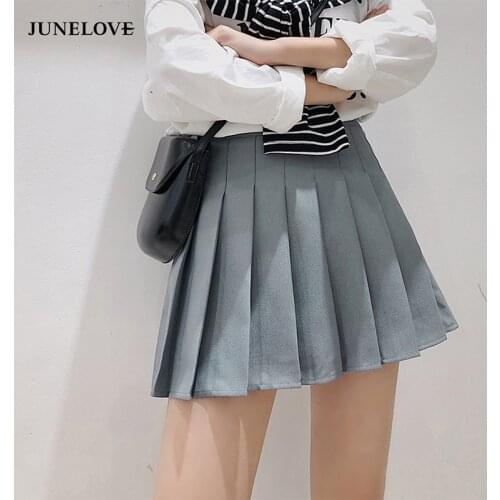 JuneLove 2020 spring Women Pleated Skirt Vintage Black High Waist Mini Skirt Student Girls Uniform Korean female skirts bottoms