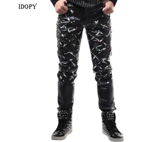 Idopy Punk Trousers Nightclub Bar Dj Male Singer Camouflage Leather Pants Mens Fashion Casual Pants Punk Stage Show Clothings