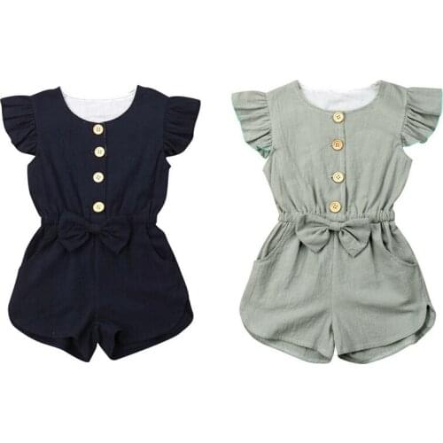 Toddler Kids Girls Summer Romper New Ruffle Bowknot Short Sleeve Pure Color Jumpsuit Kids Clothes Outfit One Piece Playsuit 1-6Y
