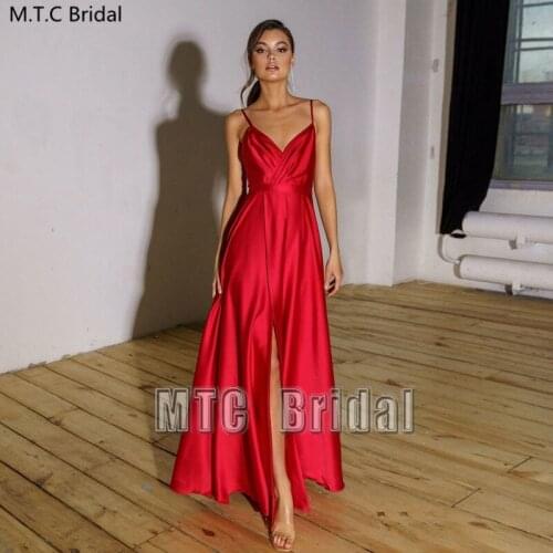 Long Red Evening Dress With Slit Backless Sexy Women Prom Gowns Pleat Satin Plus Size Wedding Party Dresses Robe De Soiree