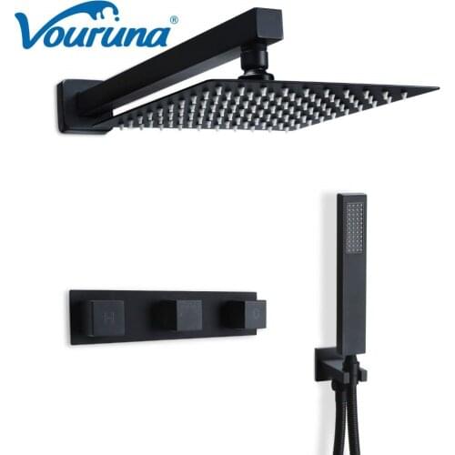 VOURUNA Black Shower System 8 Inch Bathroom Rain Mixer Shower Combo Set Wall Mounted Rainfall Shower Fixture