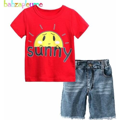 2Piece/Summer Toddler Clothes Casual Fashion Cartoon Stripe Short Sleeve T-shirt+Denim Shorts Baby Boys Clothing Set BC1167-1
