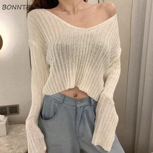 T-shirts Women Knitted Thin Simple Summer Breathable Sexy Clothing Crop Top Leisure Workout Basic Solid Color V-neck Slim Korean