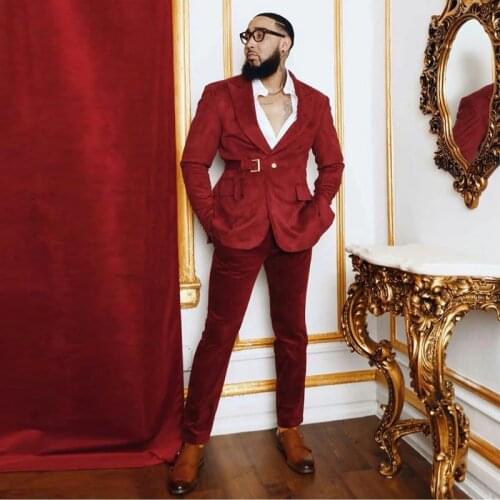 Dark Red Velvet Fashion Men Suits One Button Notched Lapel Slim Fit Wedding Jacket and Pants Customized Business Tuxedos