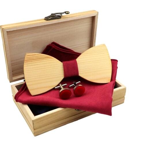 Mens Solid Design Wooden Bow Tie Set Classic Wood Bowtie Handkerchief Cufflinks Sets With Wood Box For Men Wedding Novel Gift