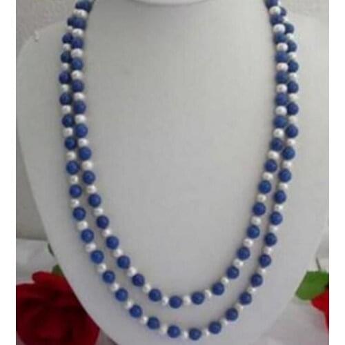 New Natural 8mm Egyptian Blue Lapis Lazuli White Pearl Necklace 36"
