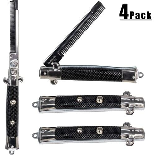 Switch Blade Comb - (Pack of 4) Stainless Steel Novelty Switch Folding Pocket Combs Set Flick Comb for Hair, Beard or Mustache