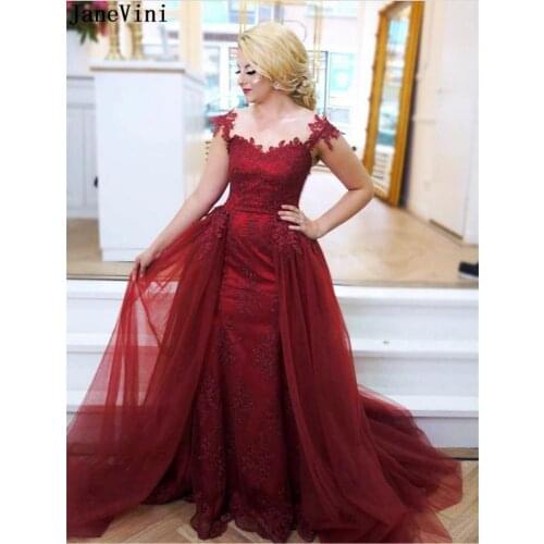 JaneVini Arabic Burgundy Bridesmaid Dress with Detachable Train Sweetheart Prom Dresses Lace Applique A Line Wedding Guest Dress