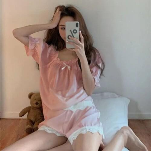 QWEEK Kawaii Girls Room Wear Summer 2021 Womens Pajamas Lace Ruffle Pyjamas Solid Pijamas Short Sleeve 2 Piece Set Sleepwear