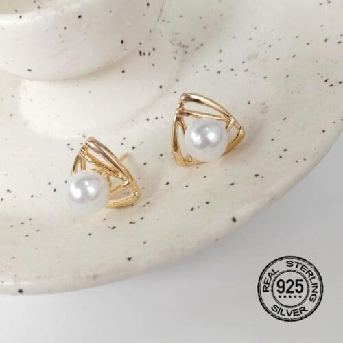 S925 Silver Needle Earrings For Women Pearl Hollow Triangle Geometric Creative Design Fashion Jewelry Simple Lady Gift INEFFA