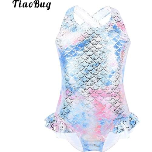 TiaoBug Kids One-piece Swimsuit Sleeveless Sparkly Mermaid Fish Scales Pattern Printed Swimwear Girls Bathing Suit Beachwear