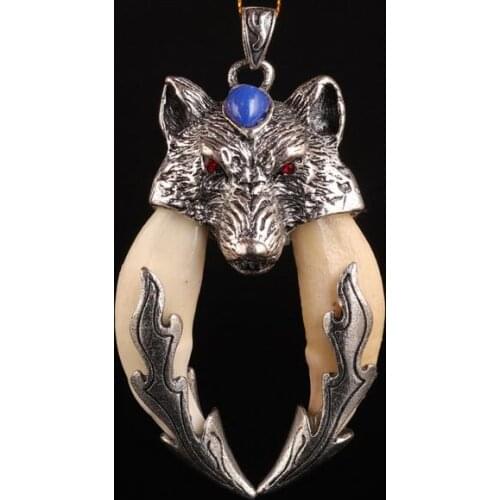 Tibetan Silver Wolf Teeth Ferocious Pendant Statue Mascot Exorcising Demons