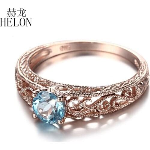HELON 925 Sterling Silver 5mm Round Cut Blue Topaz Ring Filigree Vintage Art Deco Gemstone Engagement Wedding Ring Fine Jewelry