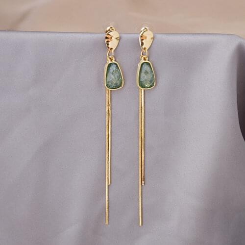 Vintage Green Crystal Long Tassel Earrings for Women Femme Gold Color Alloy Chain Geometric Drop Dangle Earrings Party Jewelry