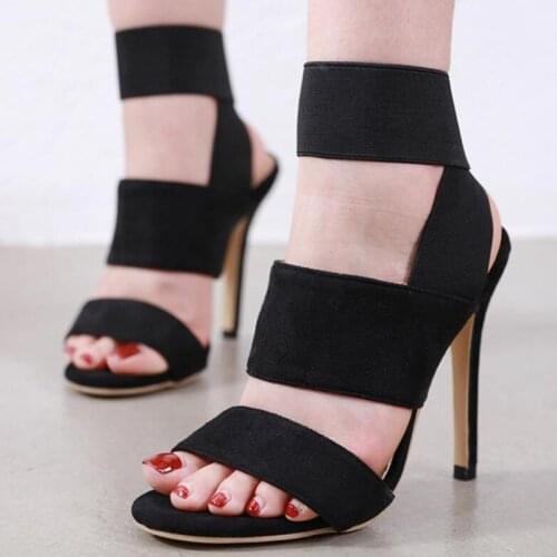 Women sandals Flock Slip On 12cm Thin Heels High heels Round Toe Shallow women shoes sandalias mujer 2020 size 35-42 black