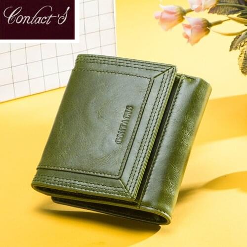 Contacts 2020 Women Wallets Genuine Leather Trifold Ladies Rfid Card Holder Wallet Coin Pocket Girls Coin Purse Green Portfel