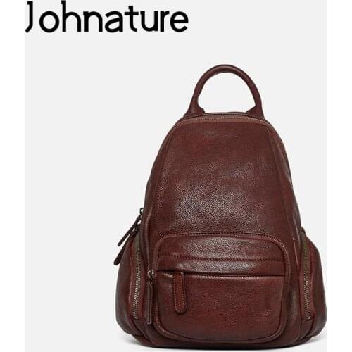 Johnature Retro Genuine Leather Bag Women Backpack 2021 New First Layer Cowhide Leisure Large Capacity Solid Color Travel Bags