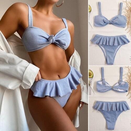 Womens Ruffle Knitted Swimsuit Bikini Blue