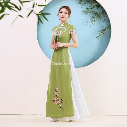 2021 ao dai classic style aodai dress short sleeve flower embroidery dress women vietnam long aodai dress elegant party dress