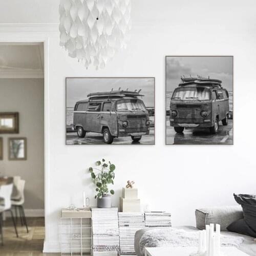 Antique Surfing Van and Old Surfboards Prints Black White Photo Posters Home Wall Art Pictures Coastal Art Decor Canvas Painting